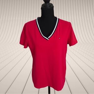 Tommy Hilfiger Classic Cotton Red V-Neck Short Sleeve Tee Trimmed Collar Size M